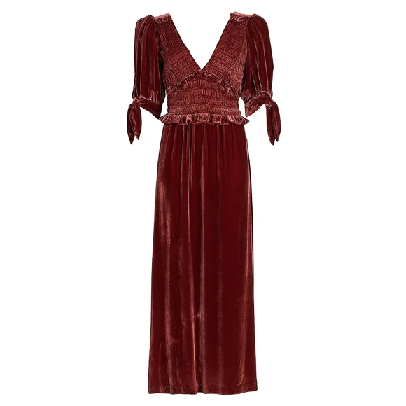 Sea New York Mayde Velvet Puff Sleeve Smocked Bow Midi Maxi Dress - Picture 2 of 11